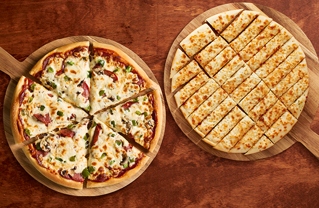 12-inch three-topping pizza with garlic cheese fingers or large Caesar salad