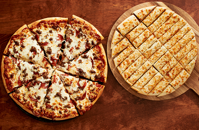 15-inch three-topping pizza with garlic cheese fingers or large Caesar salad