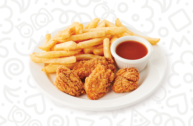 Chicken bites served with fries or side salad and dipping sauce