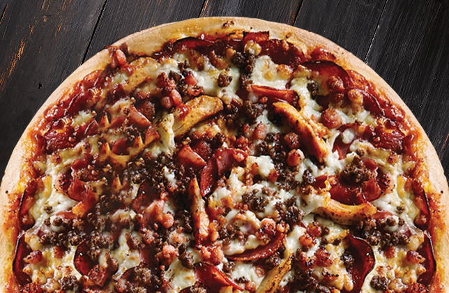 All-Star Meat pizza with pepperoni, ham, beef, bacon, grilled chicken and mozzarella