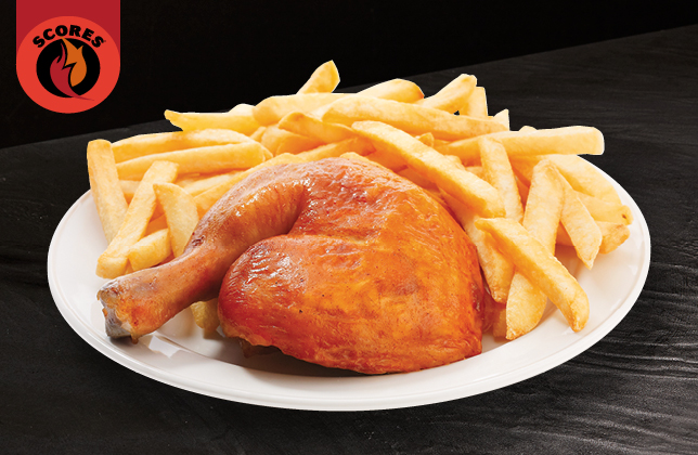 Quarter rotisserie chicken leg seasoned with Scores spices