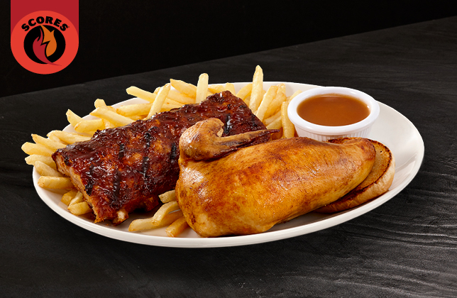 Quarter chicken breast with tender BBQ back ribs, coleslaw and a choice of side