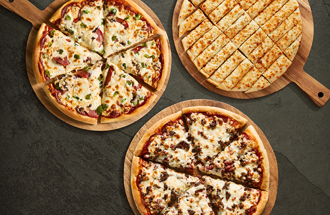 Family deal with two 12-inch three-topping pizzas and 12-inch garlic cheese fingers