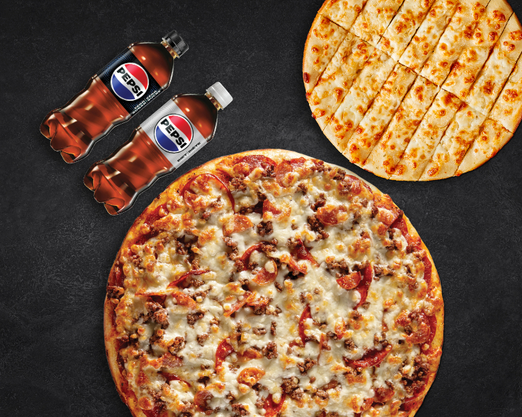 Meal for two with 12-inch three-topping pizza, garlic cheese fingers and two Pepsi bottles